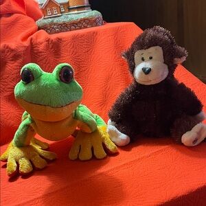 GANZ Green Frog and Brown Monkey Stuffed Animals